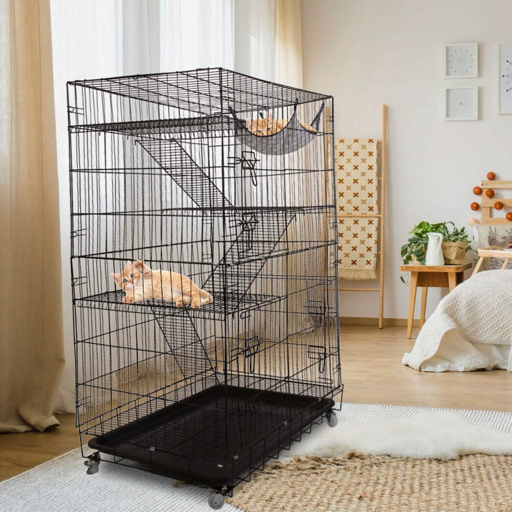 4-Tier Cat Cage with 360° Lockable Wheels, 3 Doors, 3 Ladders and 1 Hammock