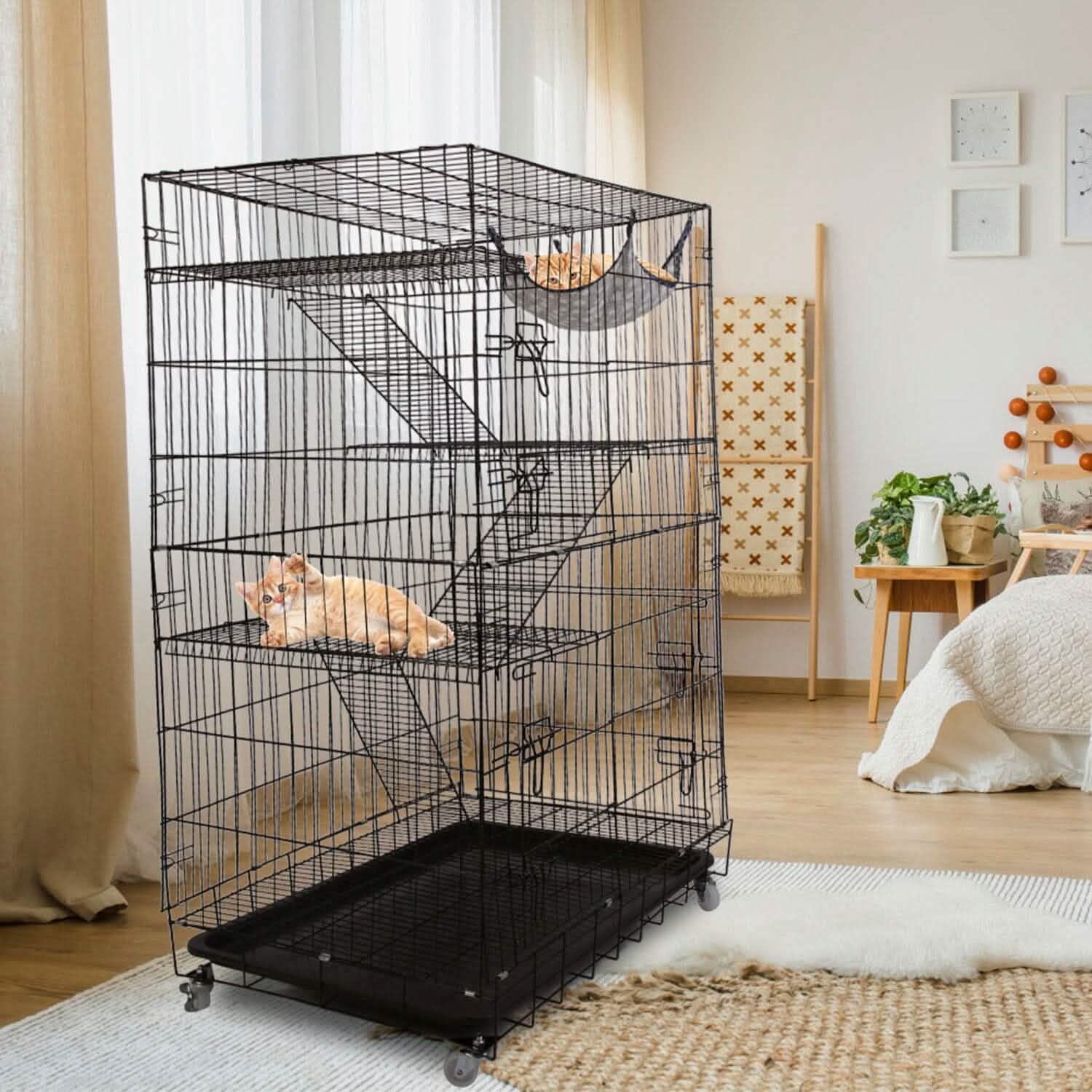 4-Tier Cat Cage with 360° Lockable Wheels, 3 Doors, 3 Ladders and 1 Hammock