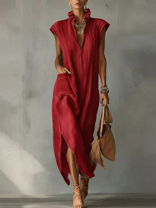 Women’s Cotton-Linen Sleeveless Solid-Color Shirt Dress