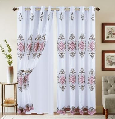 Embroidered Medallion Curtain Set – 2 Panel Window Drapes with Attached Backing & Matching Valance