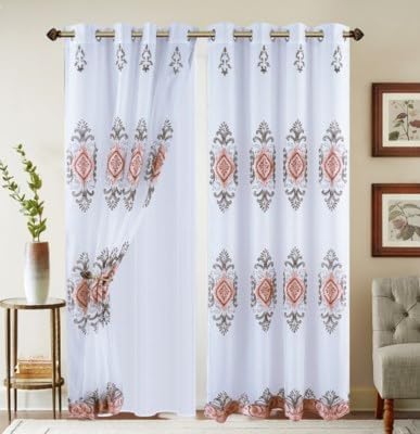 Embroidered Medallion Curtain Set – 2 Panel Window Drapes with Attached Backing & Matching Valance