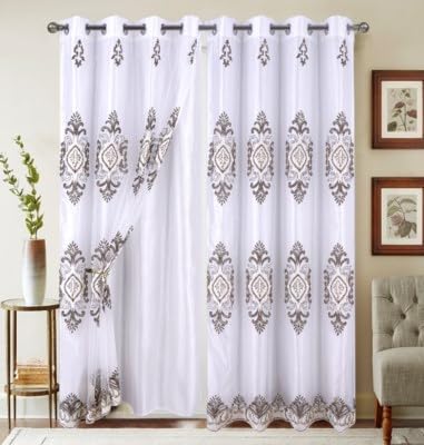 Embroidered Medallion Curtain Set – 2 Panel Window Drapes with Attached Backing & Matching Valance