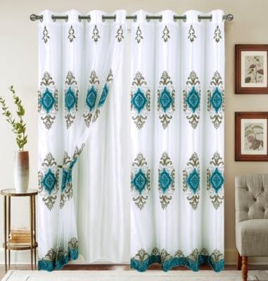 Embroidered Medallion Curtain Set – 2 Panel Window Drapes with Attached Backing & Matching Valance