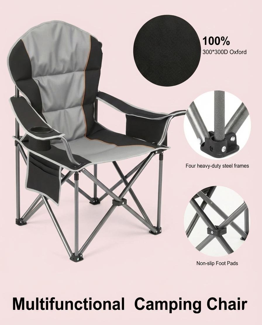 500 lbs Heavy Duty Folding Camping Chair with Cup Holder & Cooler Bag