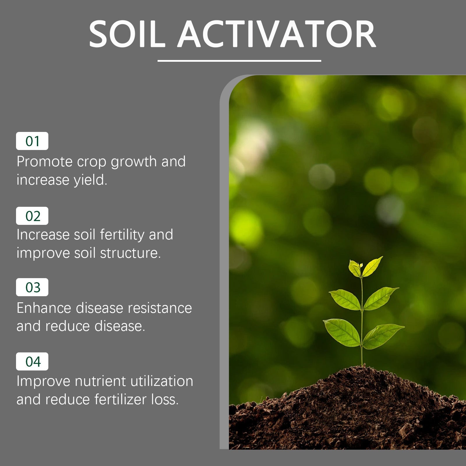 Soil conditioner. Concentrated humic acid formula, suitable for lawns and garden plants.