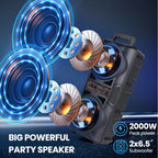 Portable Bluetooth Speaker with Subwoofer Bass, Dual 6.5" LED Woofers and Microphone