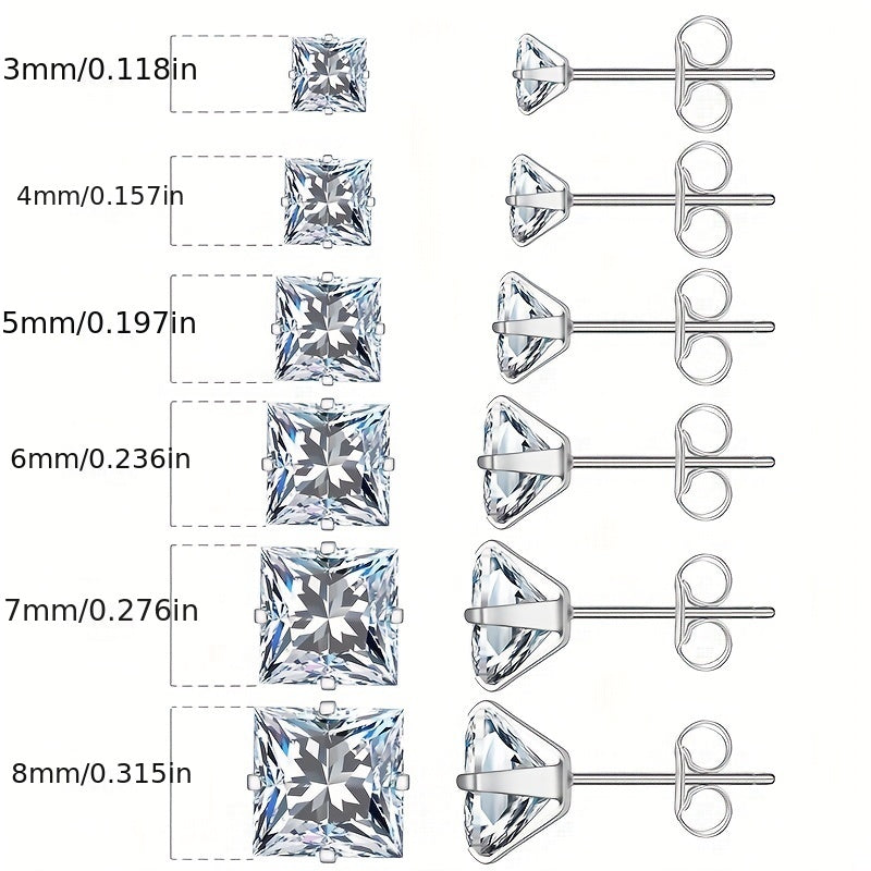 316 Stainless Steel Square Stud Earrings with Cubic Zirconia Accents