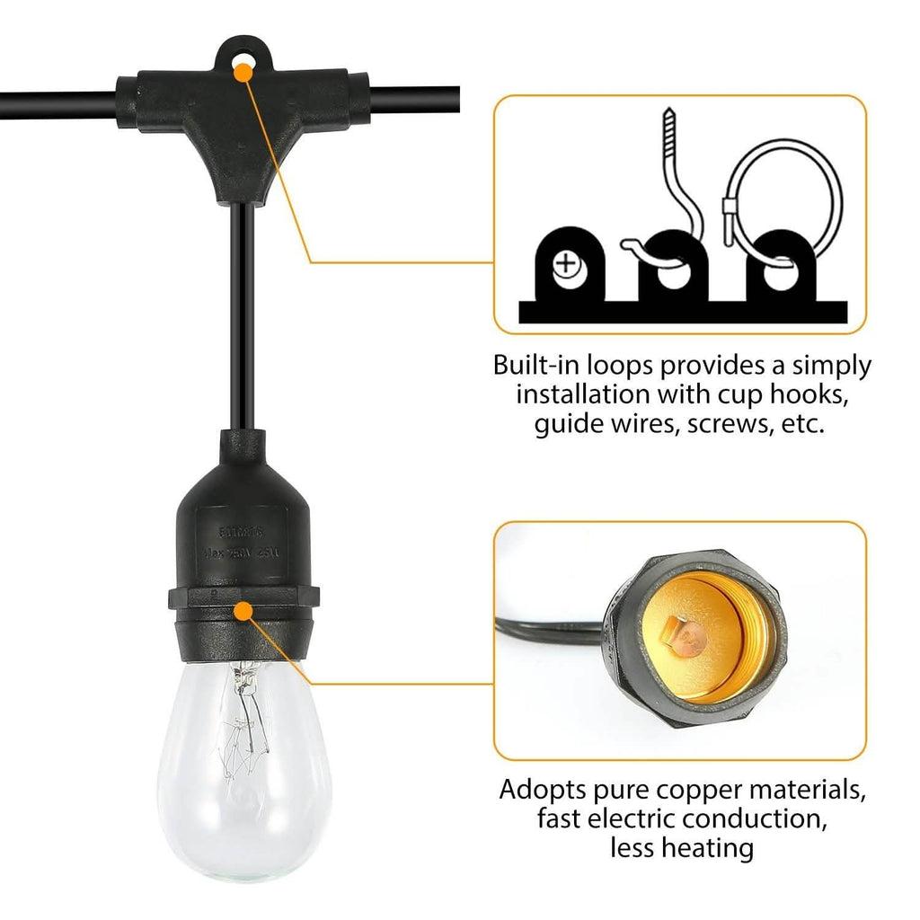 48ft Outdoor String Light Waterproof Patio String Lights Bulbs