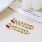 Dangle Chain Earrings with Cubic Zirconia Emerald and Gift Pouch