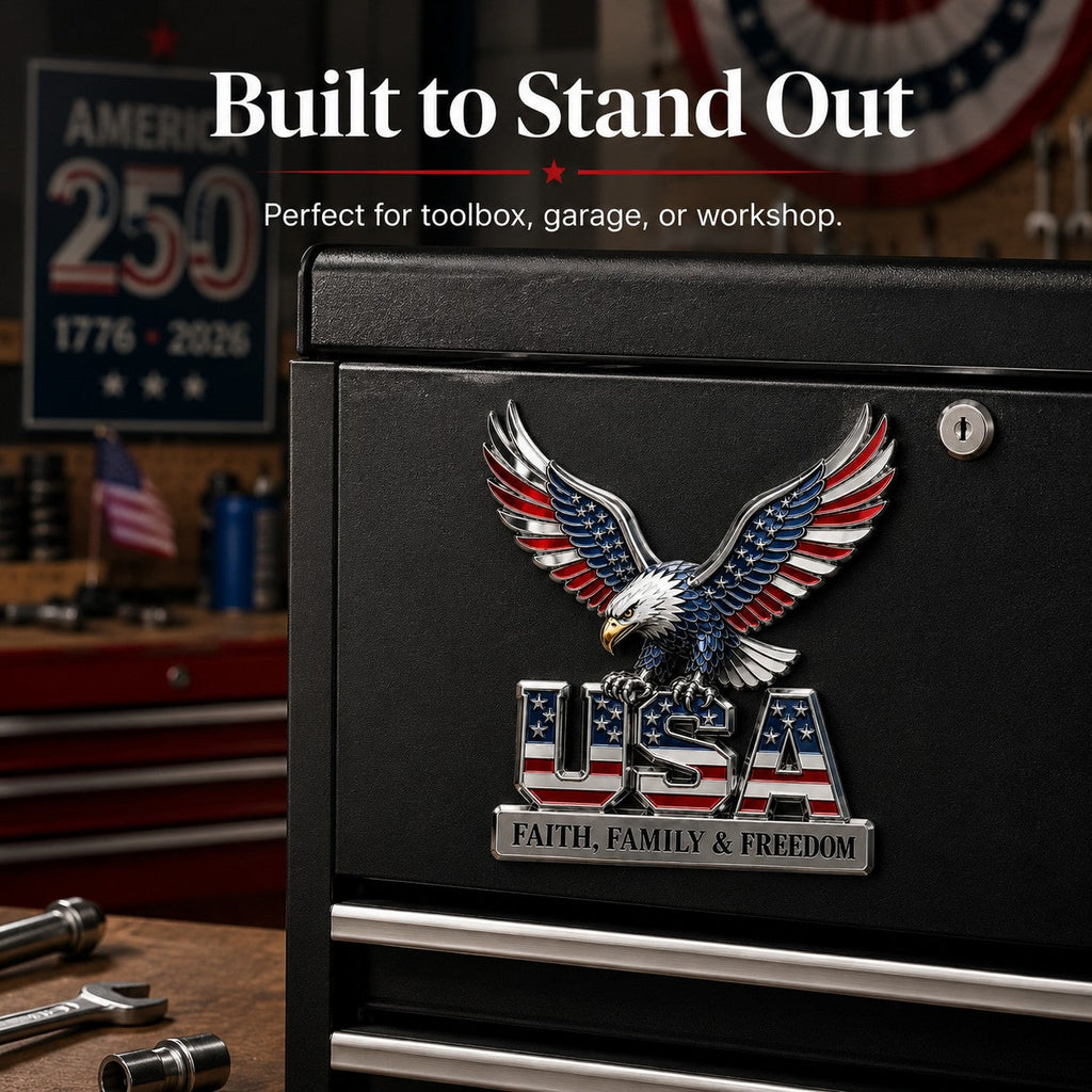 USA 250th Anniversary Metal Emblem – Faith, Family & Freedom Patriotic Decor