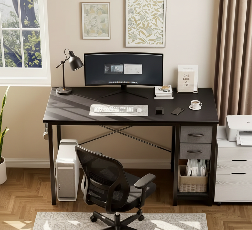 40/47" Computer Desk with Fabric Storage Drawers