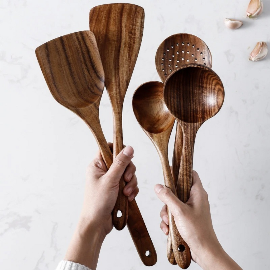 5-Piece Walnut Kitchen Utensil Set – Rustic Style