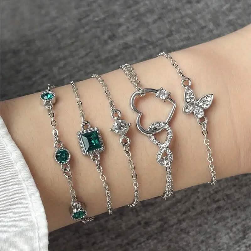 5-Pieces: Love Full Throw Diamond Shining Infinite Symbol Geometry Green Rhinestone Bracelet Set