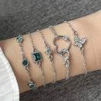 5-Pieces: Love Full Throw Diamond Shining Infinite Symbol Geometry Green Rhinestone Bracelet Set
