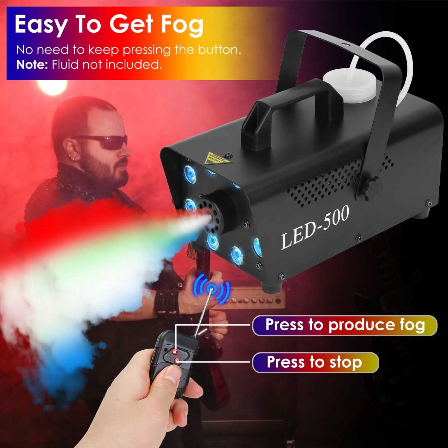 500W Fog Machine 2000CFM Colorful Smoke Machine with 8-Pieces LEDs 5 Lighting Effects 3-Level Brightness