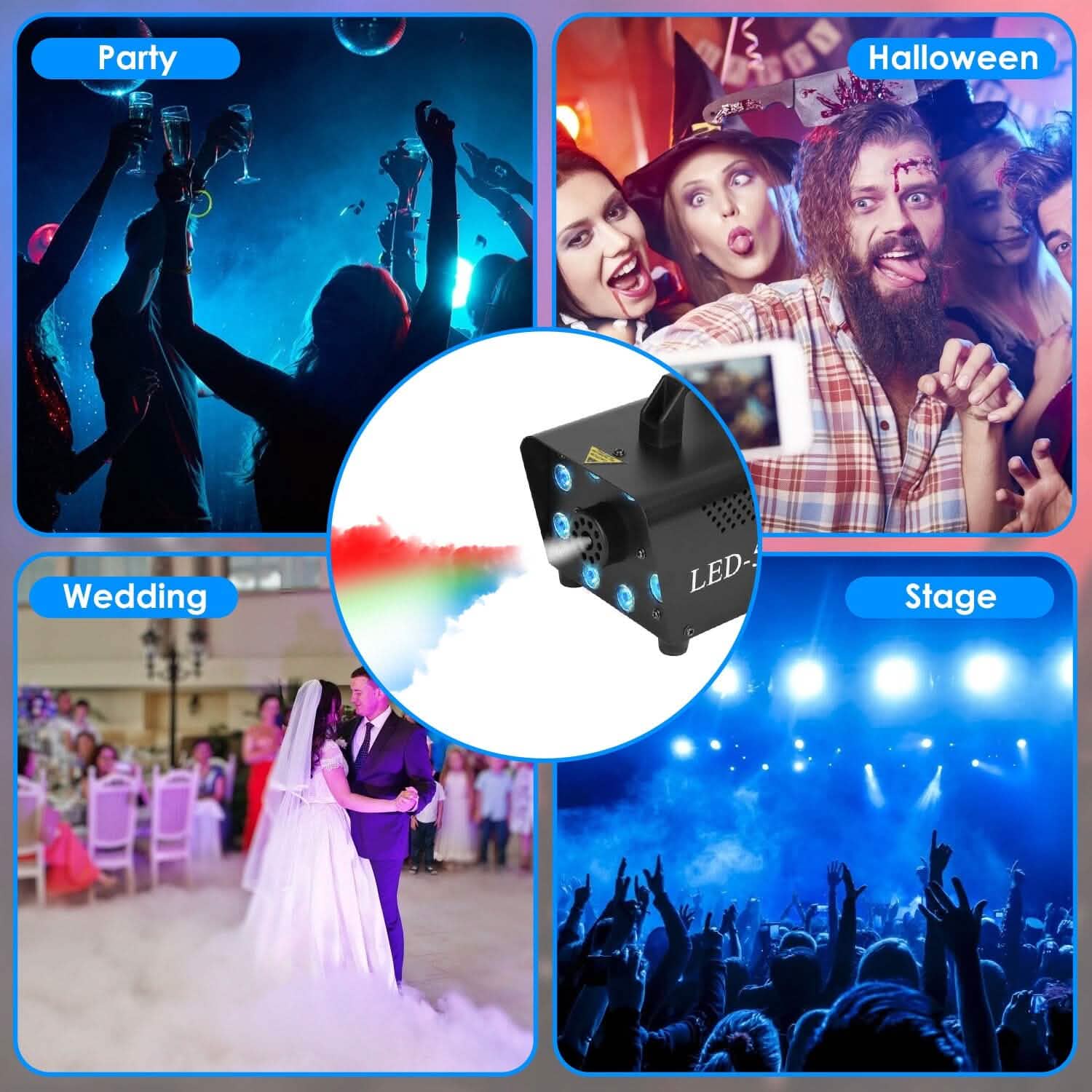 500W Fog Machine 2000CFM Colorful Smoke Machine with 8-Pieces LEDs 5 Lighting Effects 3-Level Brightness