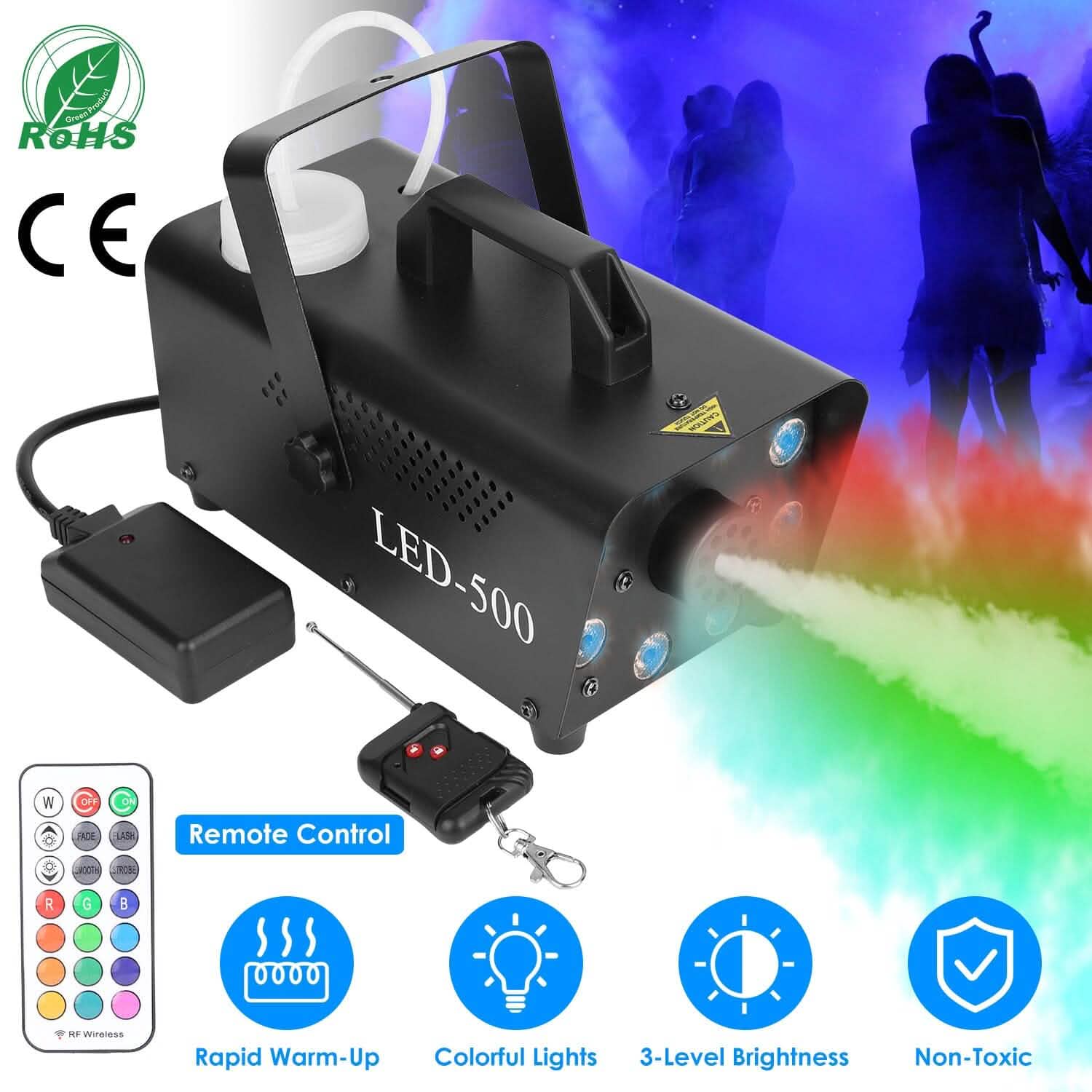 500W Fog Machine 2000CFM Colorful Smoke Machine with 8-Pieces LEDs 5 Lighting Effects 3-Level Brightness