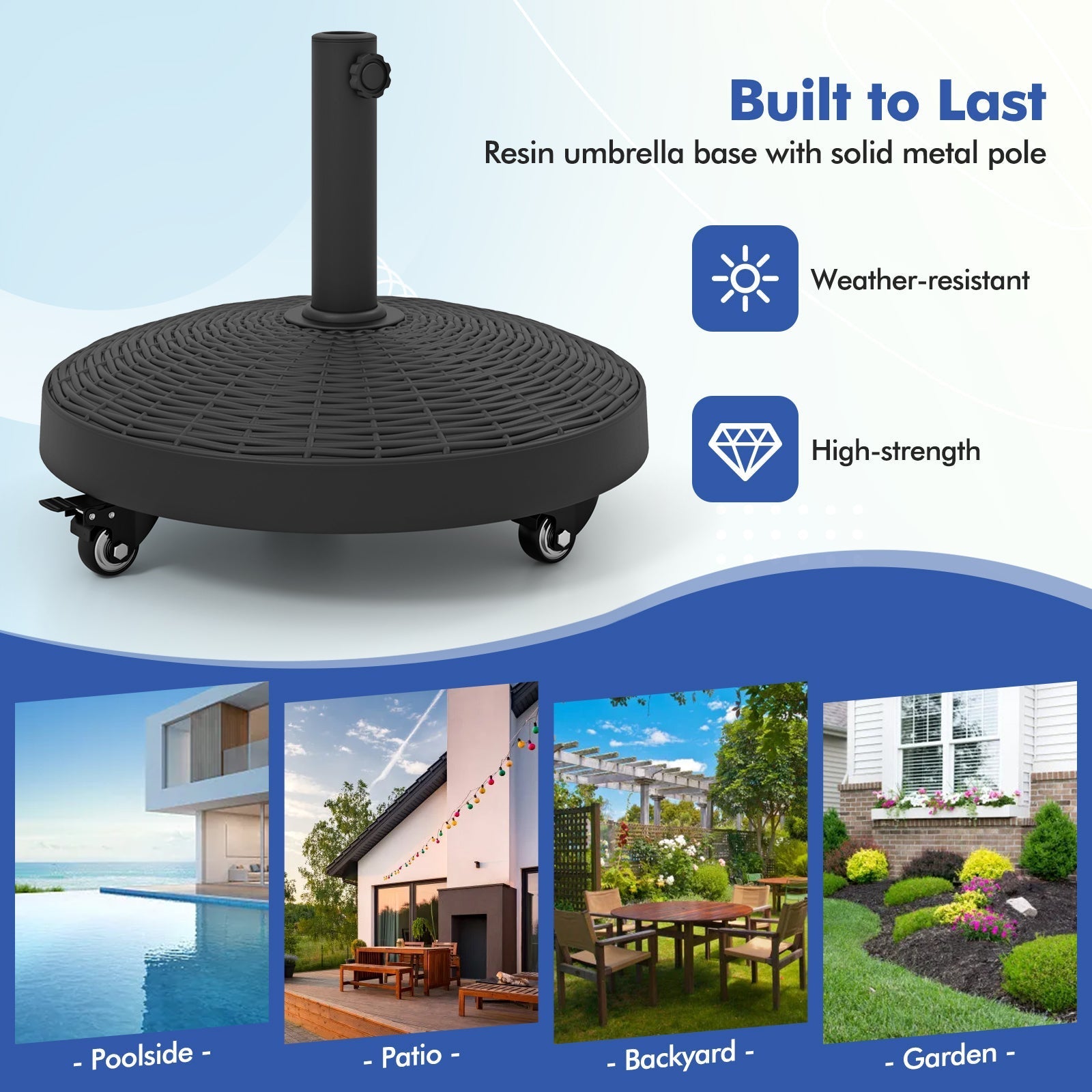 50 LBS Patio Wicker Style Resin Umbrella Base Stand Heavy Duty with Wheels