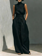 Women’s Cotton Linen Two-Piece Set – Sleeveless Top & Wide-Leg Pants