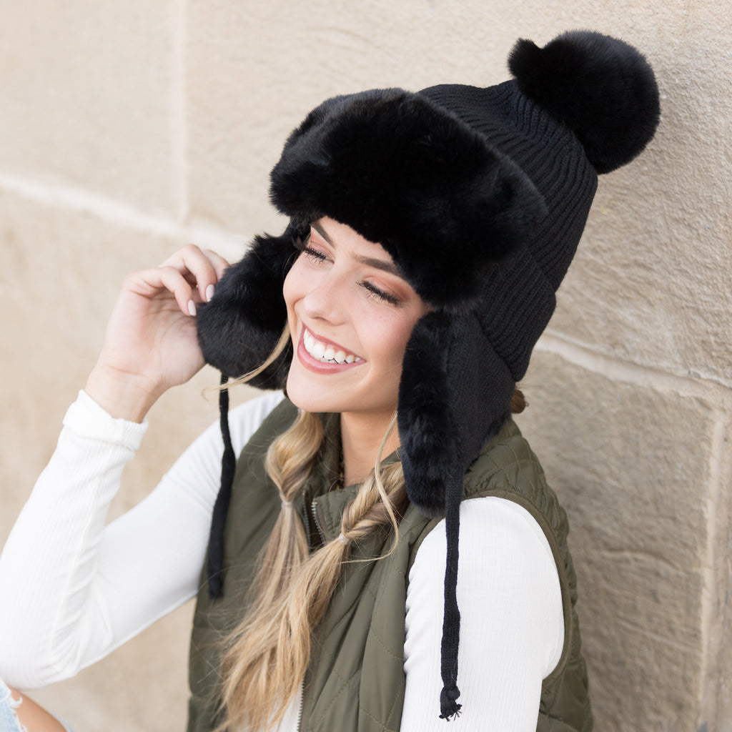 Ribbed Pom Trapper Hat