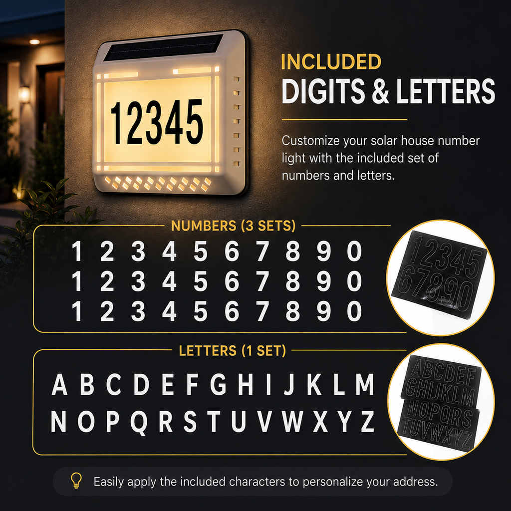 Solar LED Address Sign – Waterproof House Number Plaque, Customizable Numbers & Letters, Auto Dusk-to-Dawn Light, 8.1 x 6.9 Inches