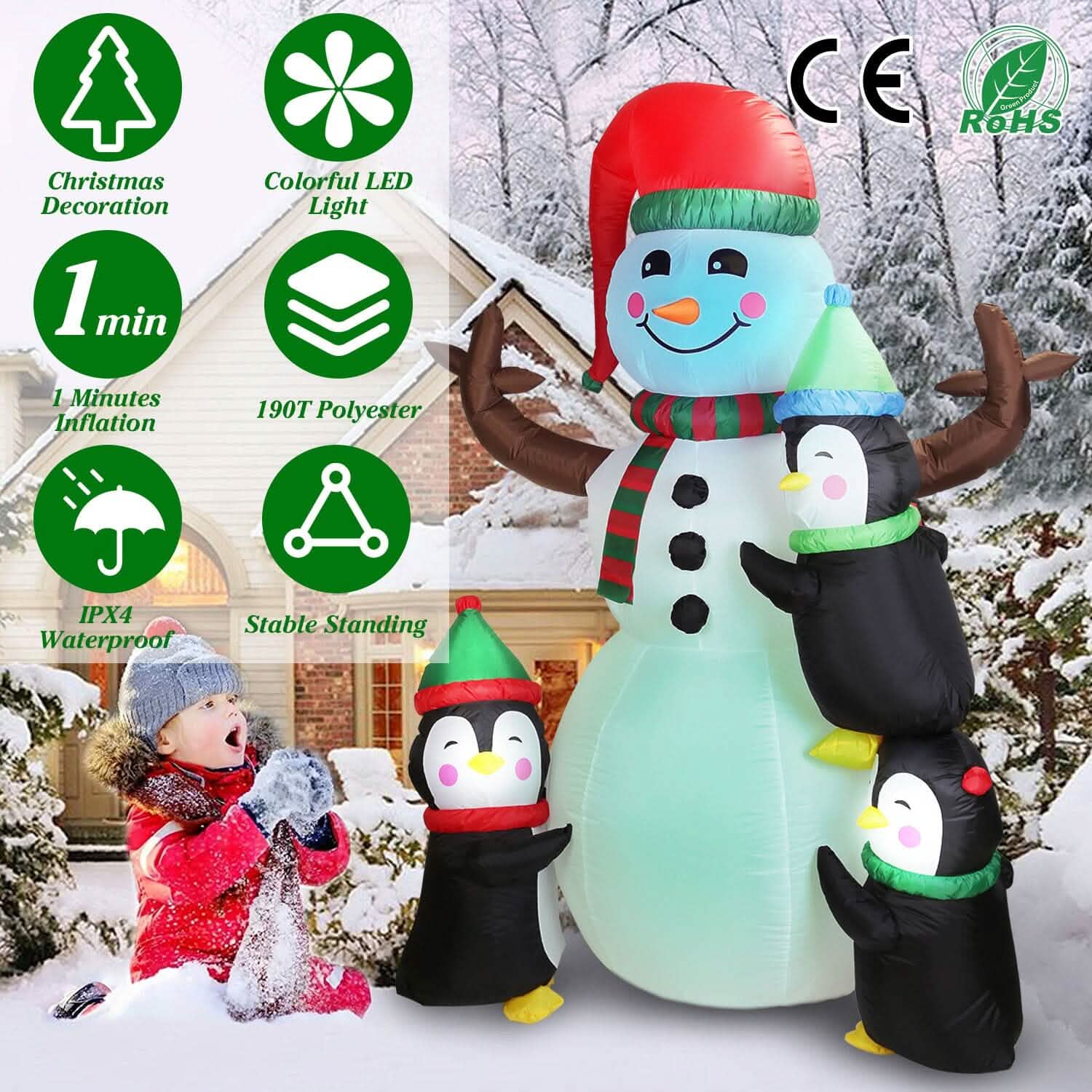 5.9Ft Snowman and Penguin Blow Up Yard Decoration with LED Light Built-in Air Blower