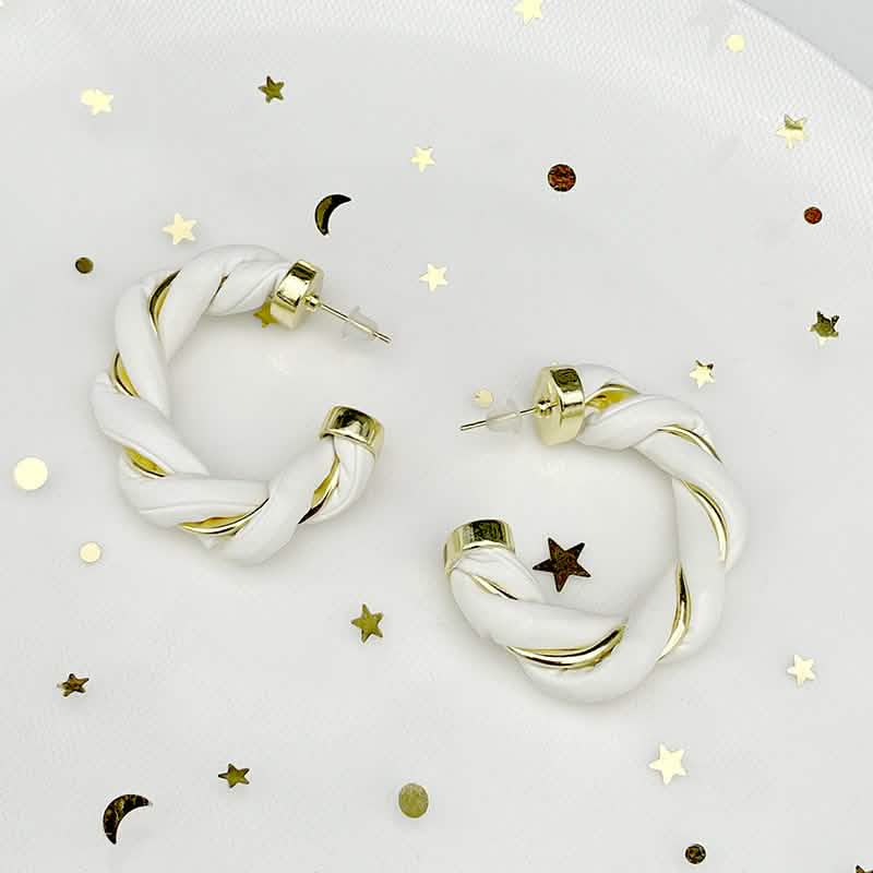 Gold-Plated Twisted Leather Hoop Earrings with Gift Pouch