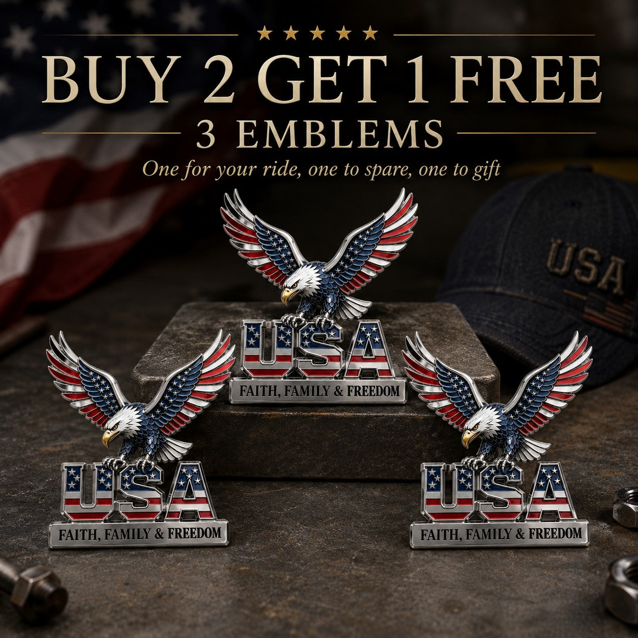 USA 250th Anniversary Metal Emblem – Faith, Family & Freedom Patriotic Decor