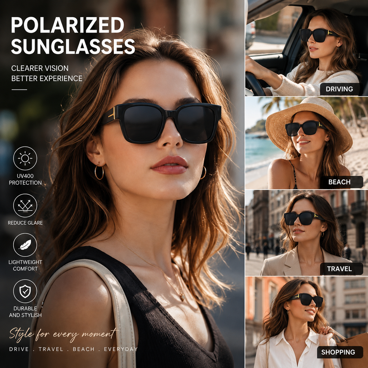 Women’s Polarized Square Sunglasses – Lightweight UV400 Shades for Driving, Beach & Travel