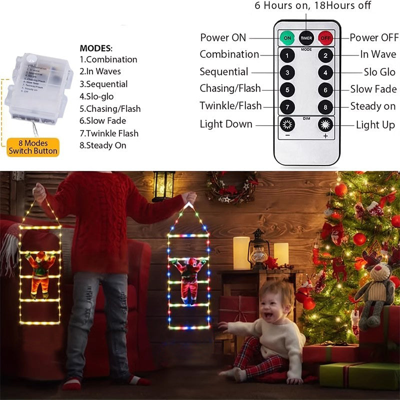 Climbing Santa LED Ladder Lights  - 1m Festive Holiday Decoration for Indoor & Outdoor Use, 8 Lighting Modes, Remote Controlled