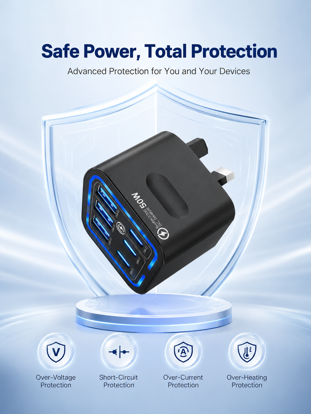 6-Port Travel Charger Adapter – Multi-Interface USB-C Charging Hub for Phones & Devices