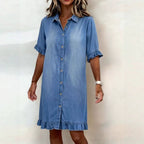 Women's Faux Denim Ruffle-Sleeve Shirt Dress