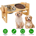 5°Tilt Bamboo Double Elevated Dog Bowls with 4 Adjustable Heights