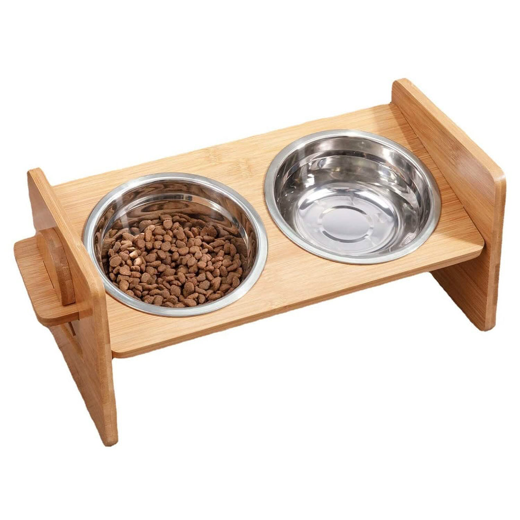 5°Tilt Bamboo Double Elevated Dog Bowls with 4 Adjustable Heights