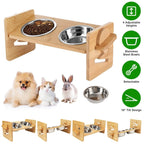 5°Tilt Bamboo Double Elevated Dog Bowls with 4 Adjustable Heights