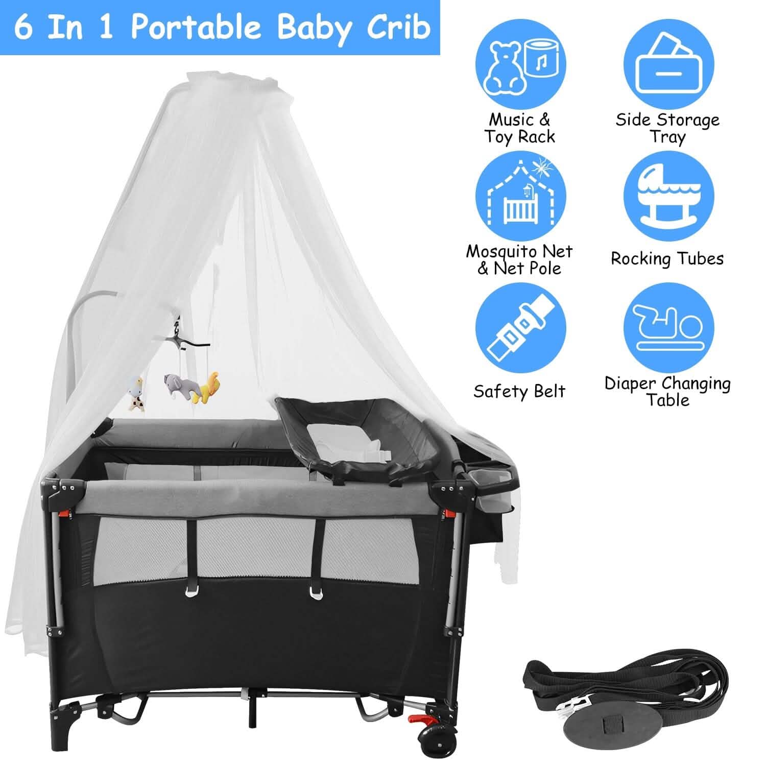 6-in-1 Foldable Baby Crib with Activity Center Diaper Changing Table