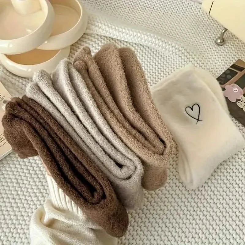 6-Pairs: Ultra Comfy Heart Embroidery Fuzzy Socks, Warm Women's Stockings & Hosiery for Cold Weather