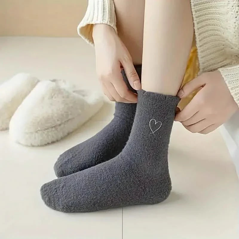 6-Pairs: Ultra Comfy Heart Embroidery Fuzzy Socks, Warm Women's Stockings & Hosiery for Cold Weather