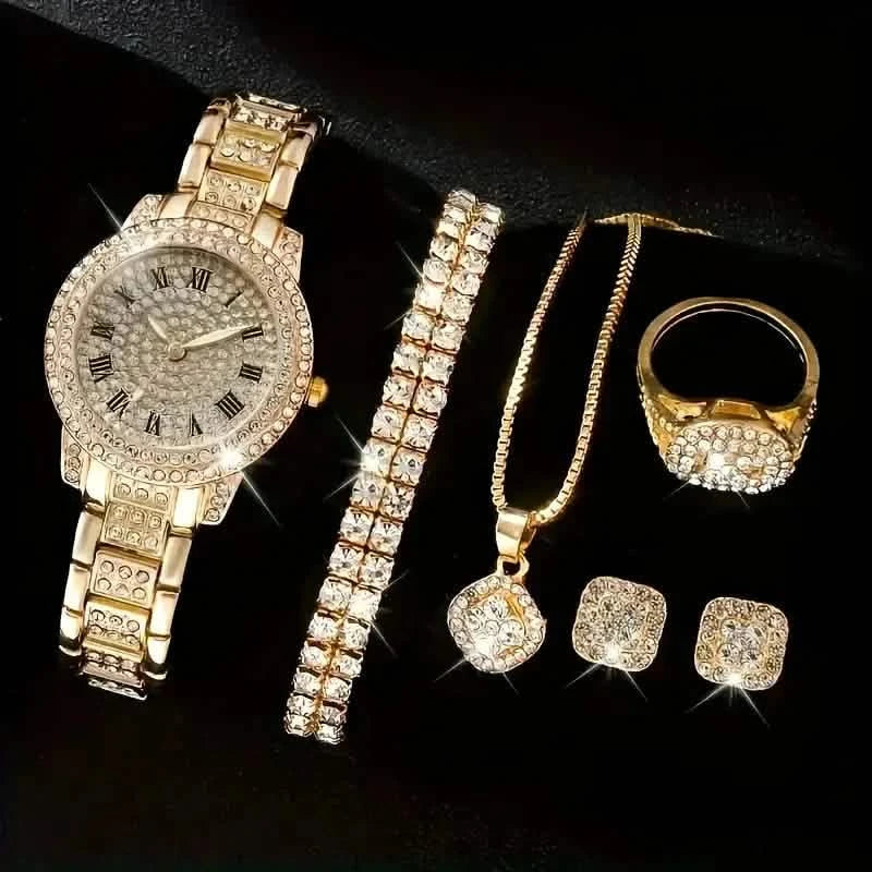 6-Pieces: Elegant Women's Jewelry Set with Quartz Roman Numerals Watch