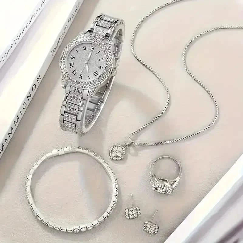 6-Pieces: Elegant Women's Jewelry Set with Quartz Roman Numerals Watch