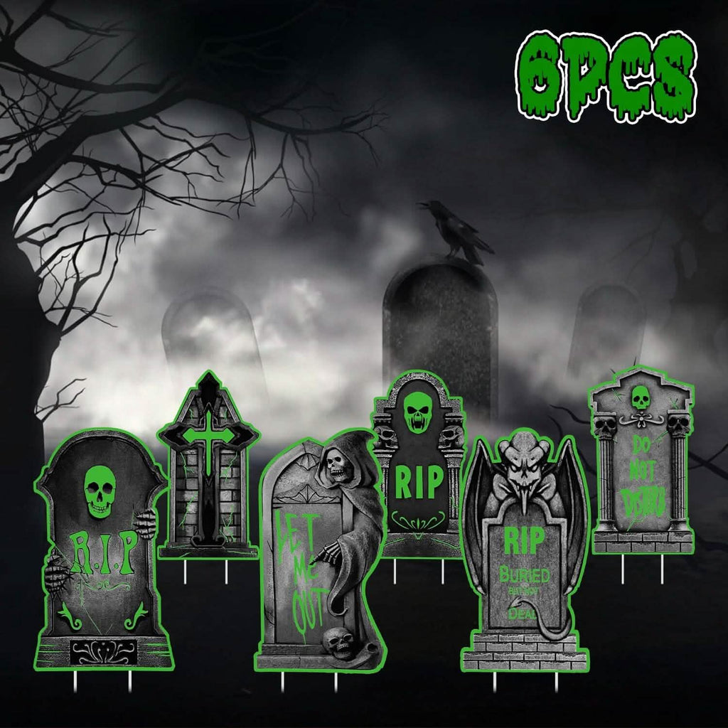6-Pieces: Glow in the Dark Halloween Yard Sign Decorations with 12 Stakes