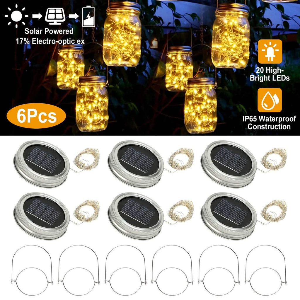 6-Pieces: Solar Powered Mason Jar Lid Lights 20 LEDs