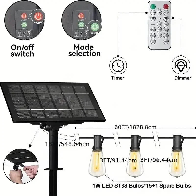 60FT Solar String Lights With USB Port & Remote Control