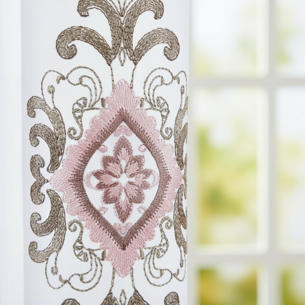 Embroidered Medallion Curtain Set – 2 Panel Window Drapes with Attached Backing & Matching Valance