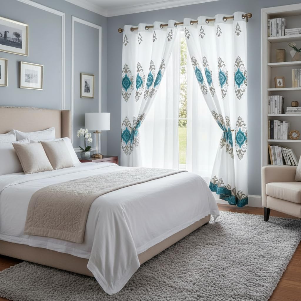 Embroidered Medallion Curtain Set – 2 Panel Window Drapes with Attached Backing & Matching Valance