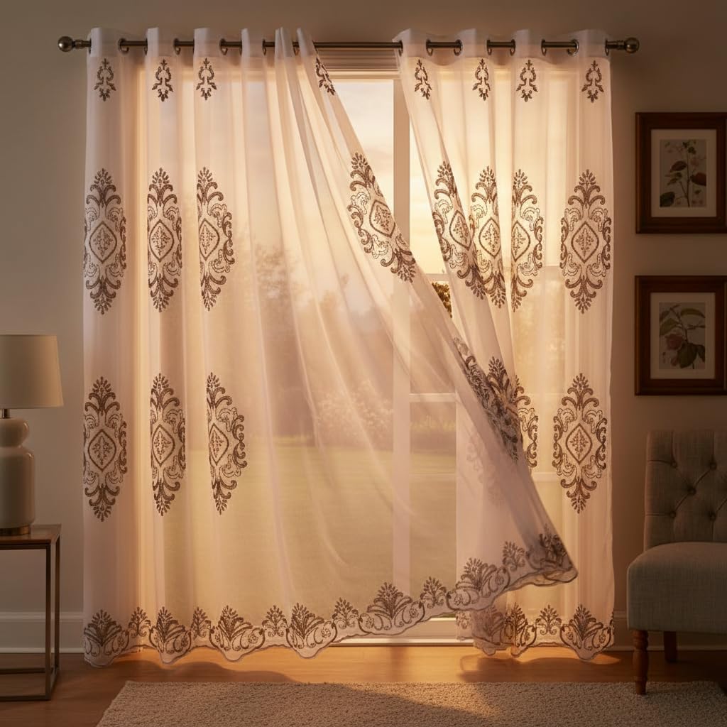 Embroidered Medallion Curtain Set – 2 Panel Window Drapes with Attached Backing & Matching Valance