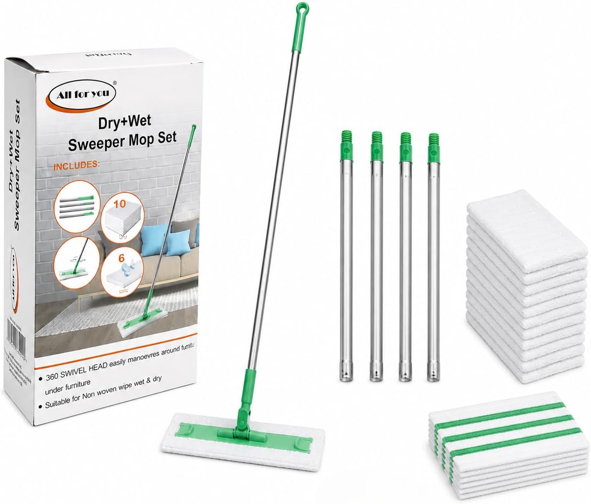 2-in-1 Dry & Wet Sweeper Mop Set with Handle – Reusable Floor Cleaning System for Hardwood, Tile & Laminate