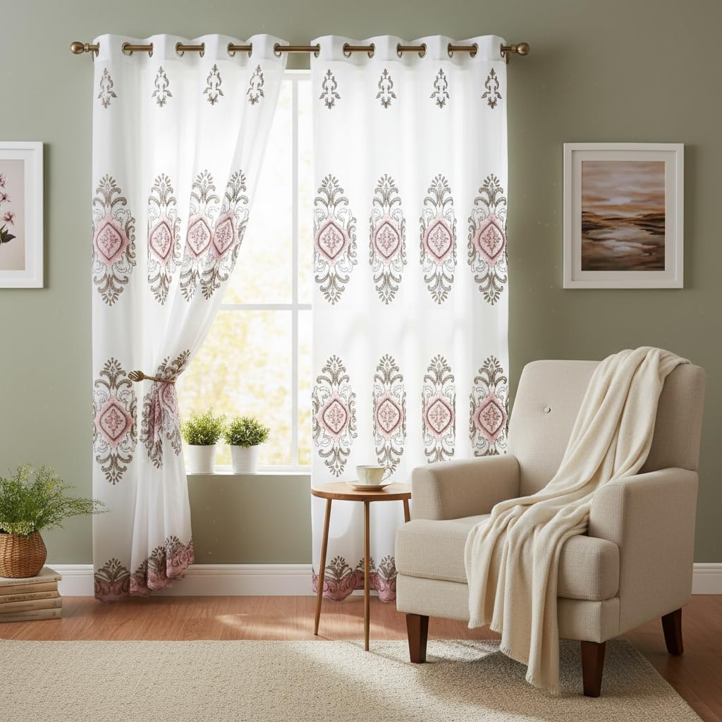 Embroidered Medallion Curtain Set – 2 Panel Window Drapes with Attached Backing & Matching Valance