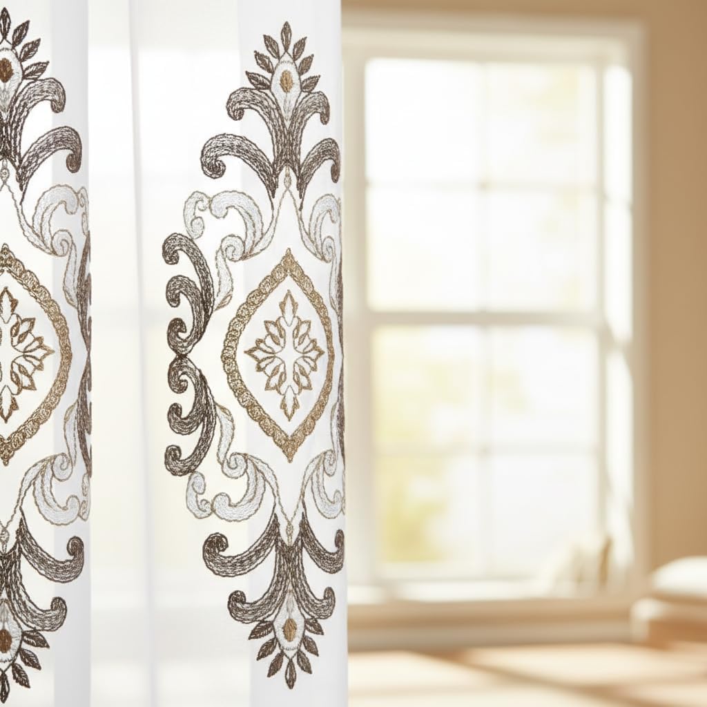 Embroidered Medallion Curtain Set – 2 Panel Window Drapes with Attached Backing & Matching Valance