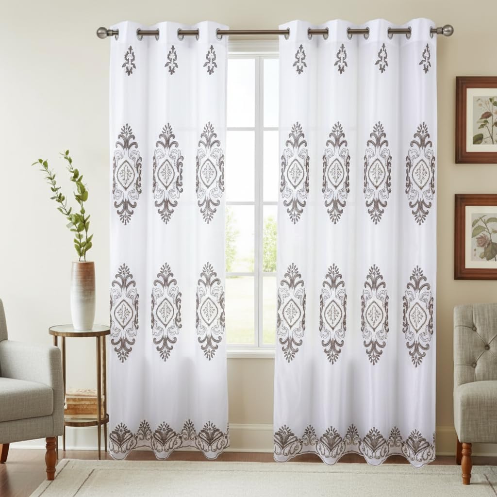 Embroidered Medallion Curtain Set – 2 Panel Window Drapes with Attached Backing & Matching Valance